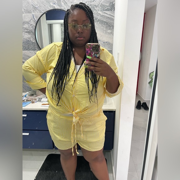 Temu Pants - Yellow and White Striped Two Piece Plus-Sized Short Set.